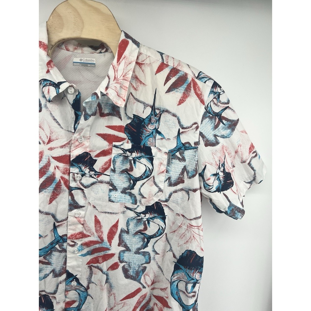 Columbia PFG Fishing Shirt Mens 2XL XXL Marlin Sailfish Red White Blue Floral